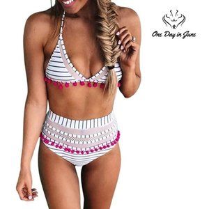 High Waist Striped Tassel Bikini